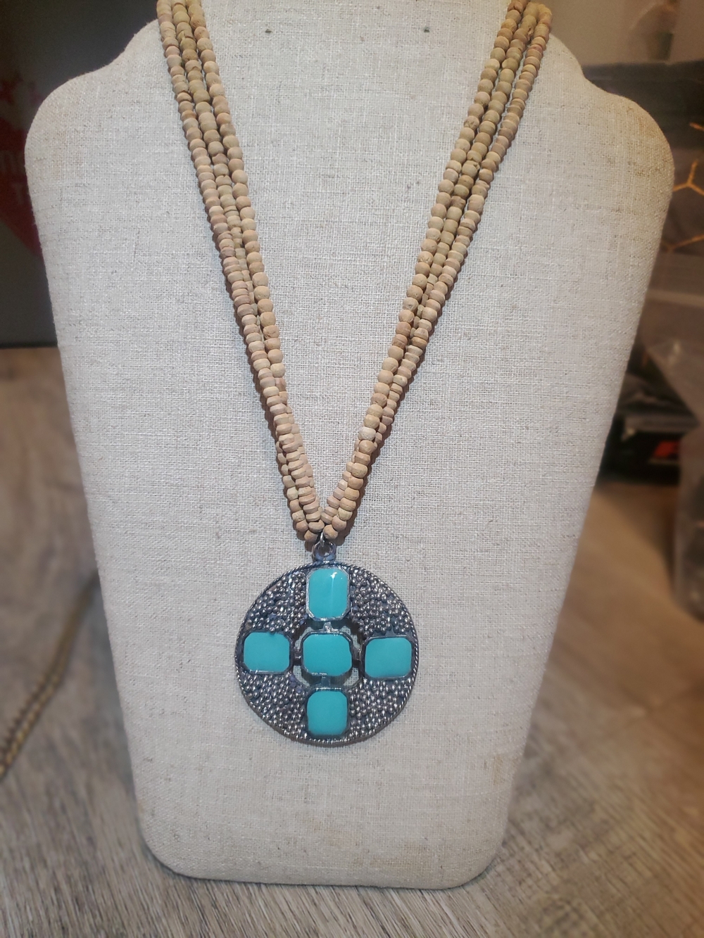 Beaded Wood Necklace with Turquoise Pendant